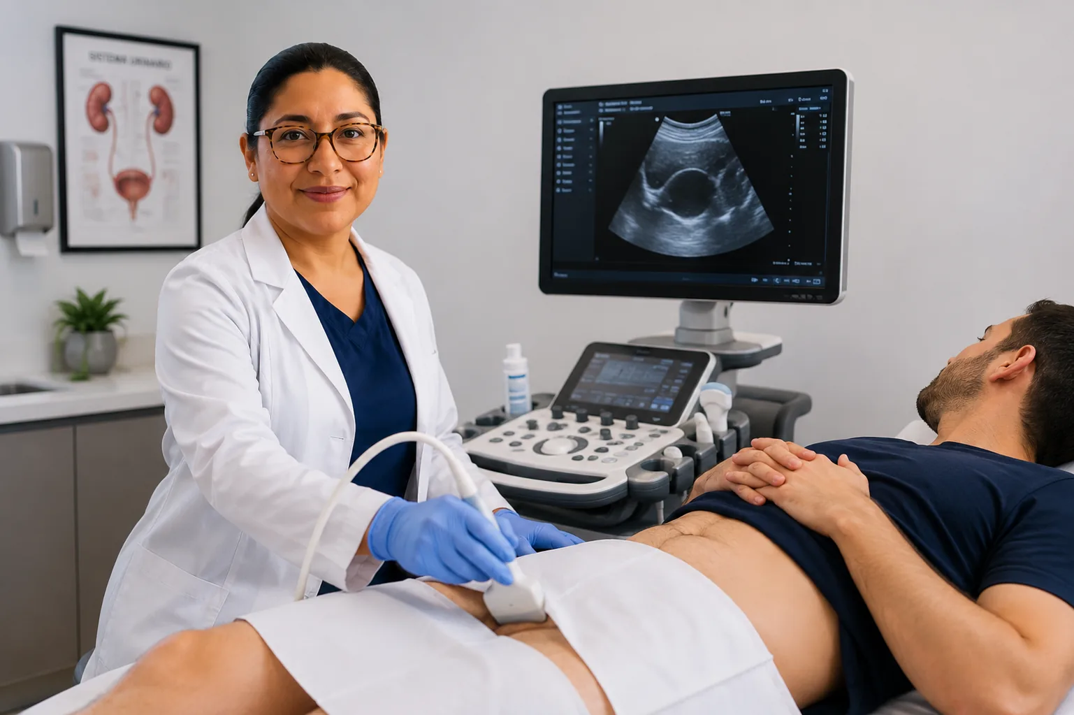 Dra. Gloria Valdivieso realizando un ultrasonido urológico a un paciente en consulta